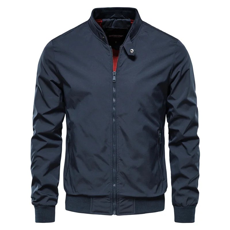 Men's Bomber Jacket Stand Collar Zip Front Ribbed Cuffs - Blue