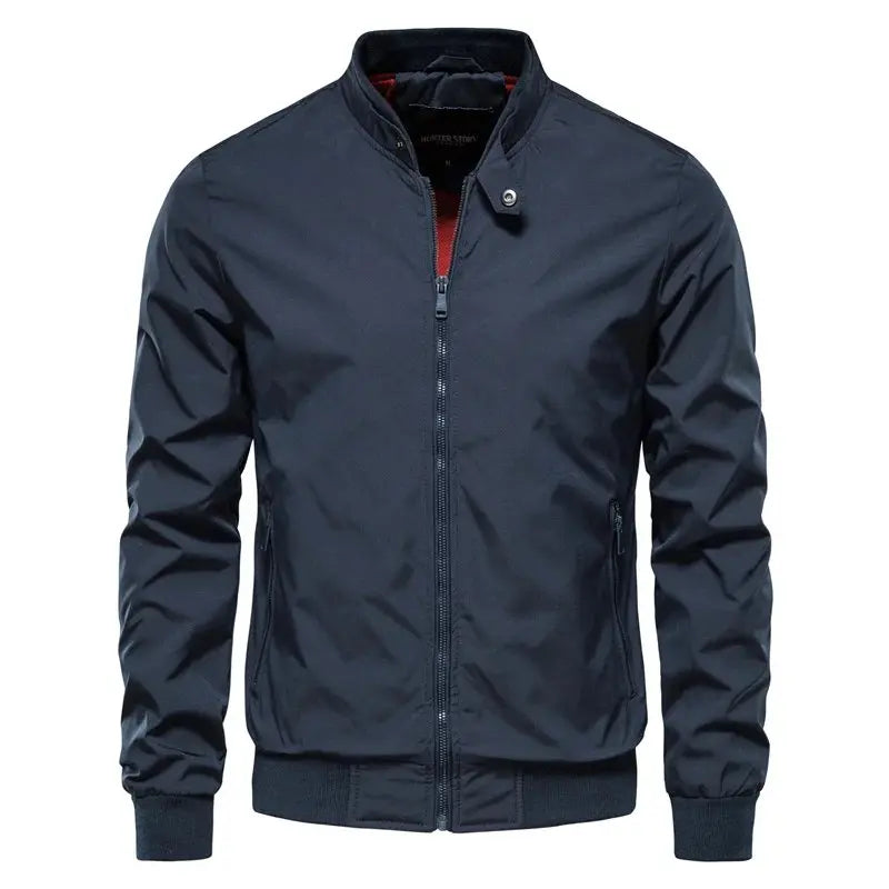 Men's Bomber Jacket Stand Collar Zip Front Ribbed Cuffs - Blue