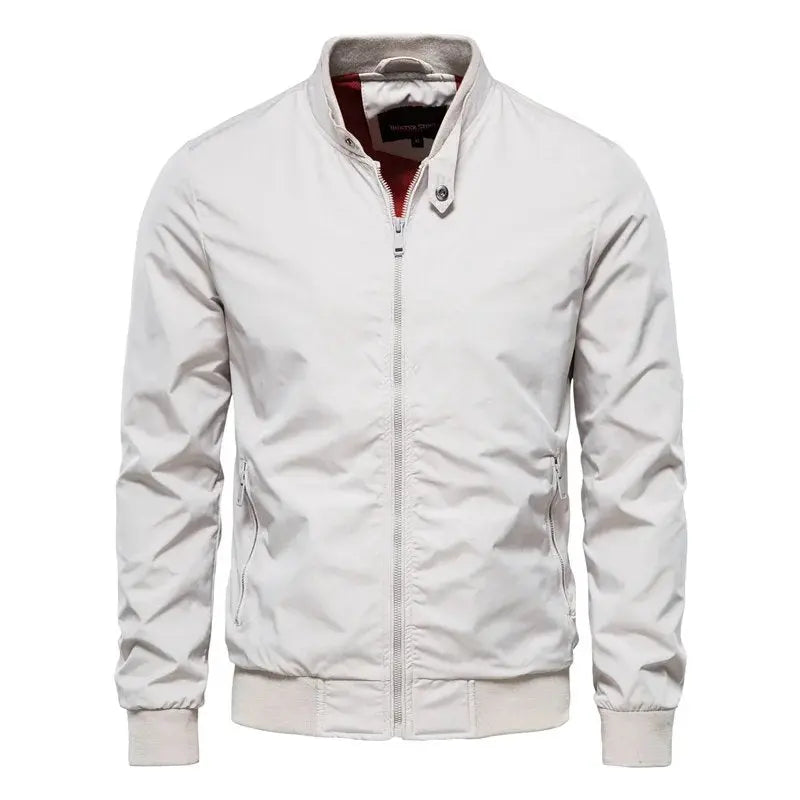 Men's Bomber Jacket Stand Collar Zip Front Ribbed Cuffs - White