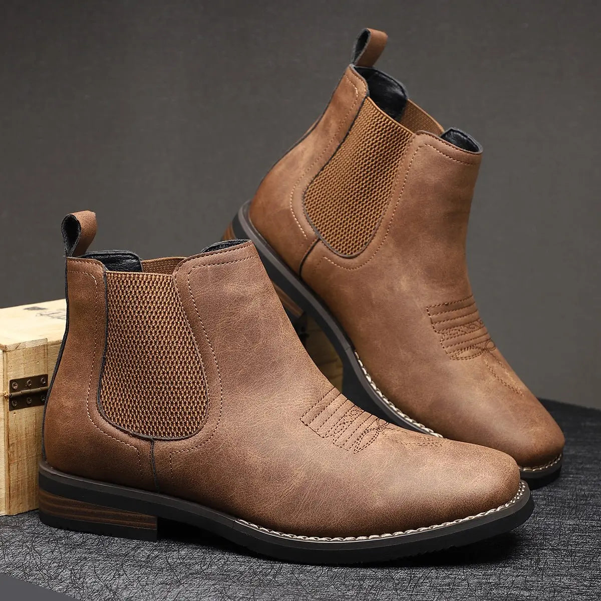 Men's Boots Chelsea Slip-On Western-Stitch Ankle Boots - Chestnut Brown