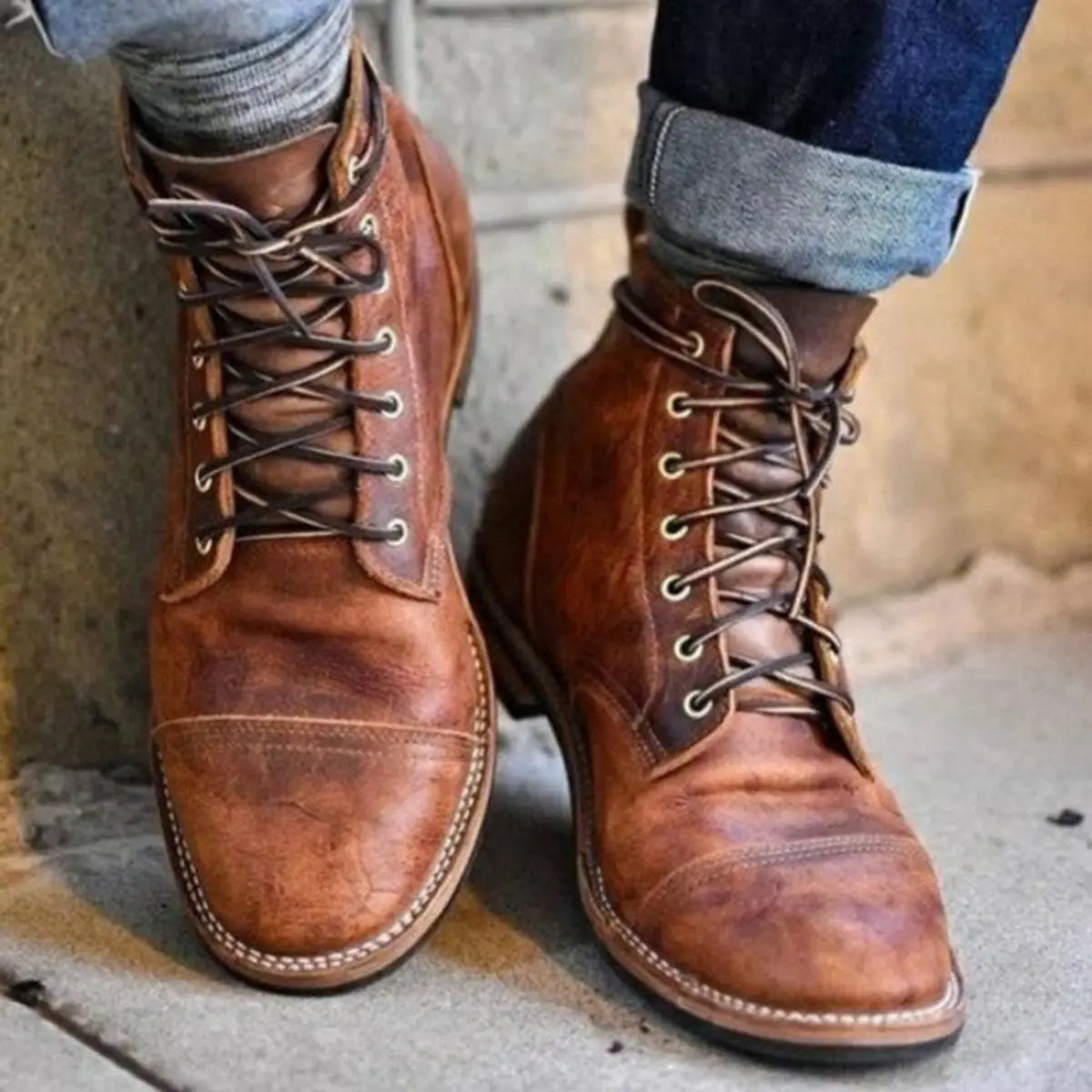 Mens Boots Lace-Up Cap-Toe Leather Ankle Boots - Brown