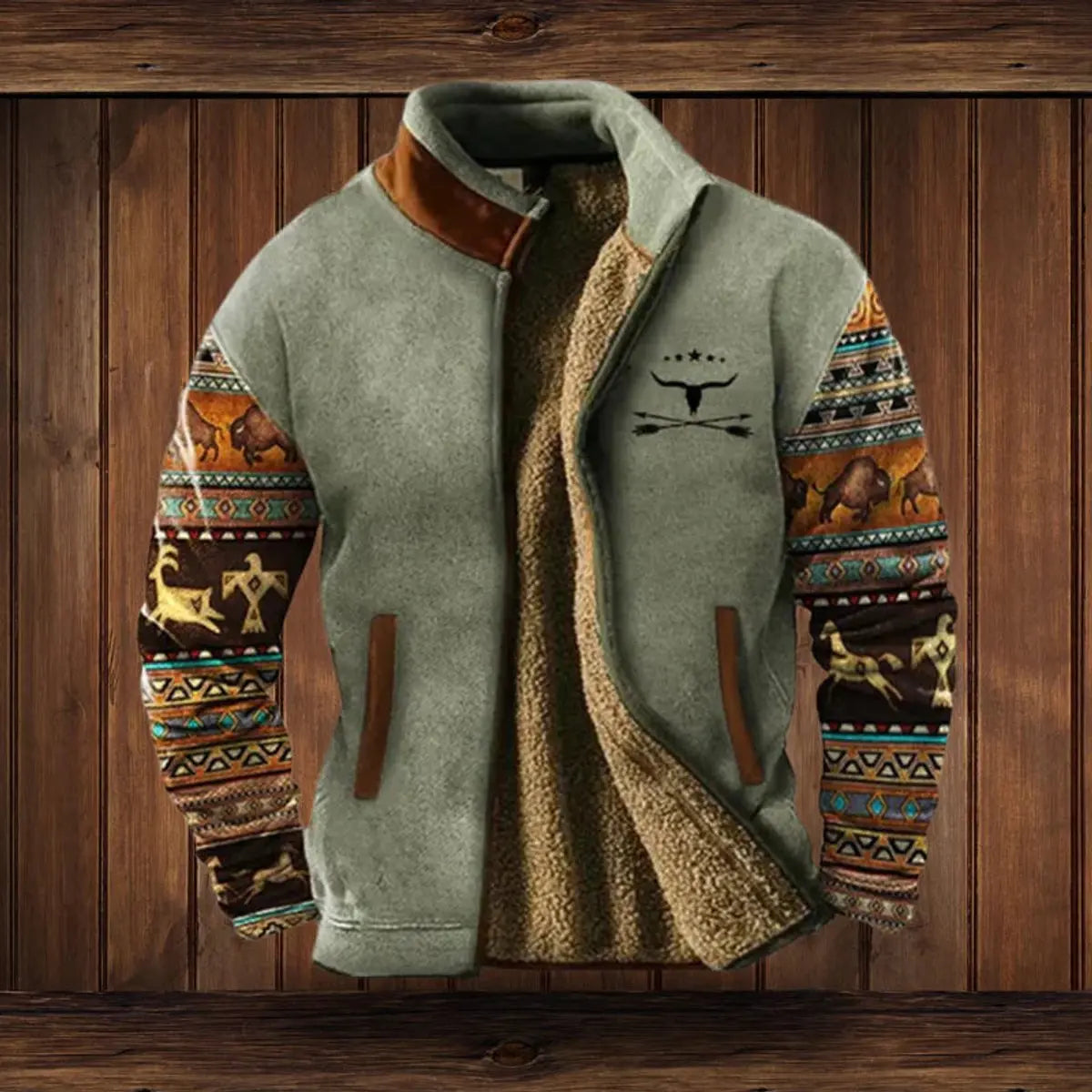 Mens Cardigan Fleece-Lined Zip-Up Western Aztec Print Jacket - Grey with Print