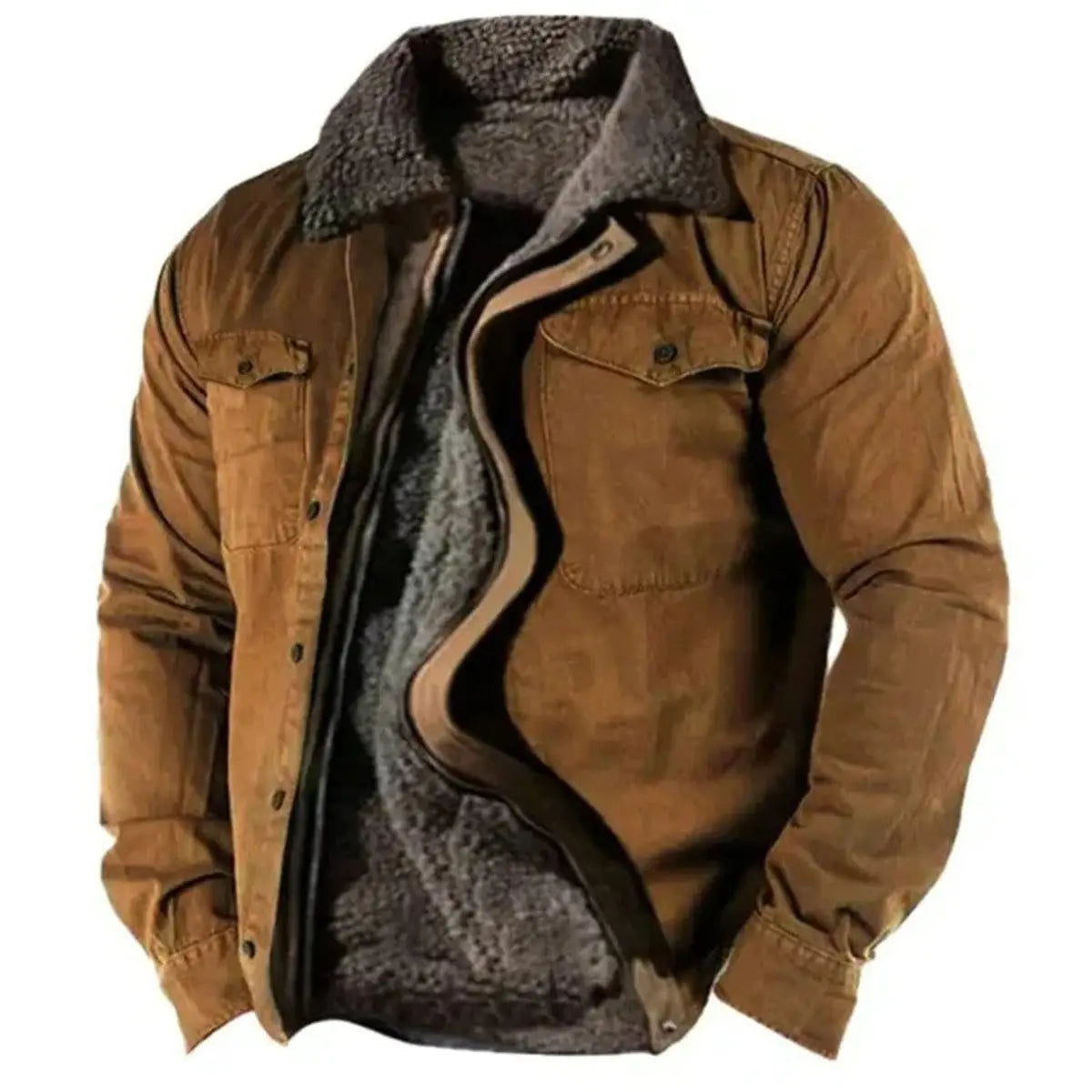 Mens Cardigan Sherpa-Lined Western Shirt Jacket - Brown