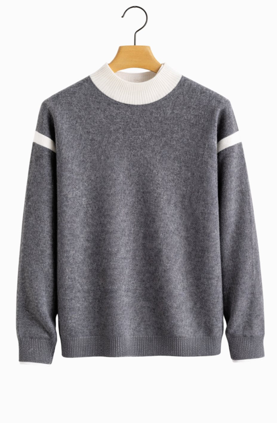 Men's Cashmere Crewneck Jumper Ribbed-Trim Relaxed Fit - Stone Grey