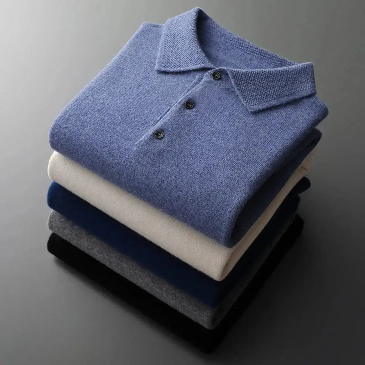 Men's Cashmere Polo Knit Sweater Long Sleeve Button Collar Jumper