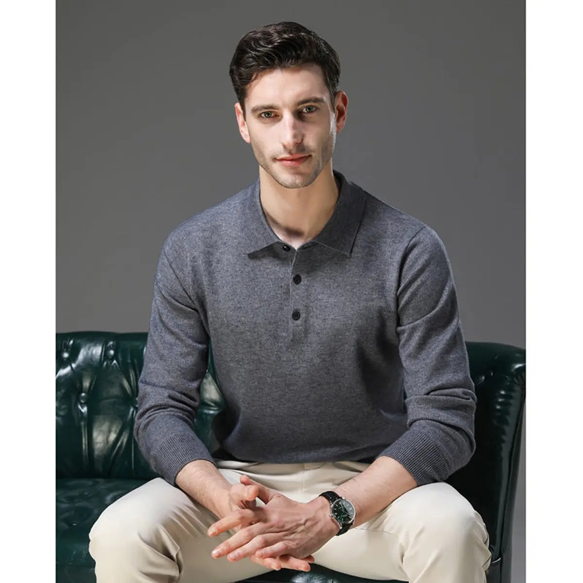Men's Cashmere Polo Knit Sweater Long Sleeve Button Collar Jumper