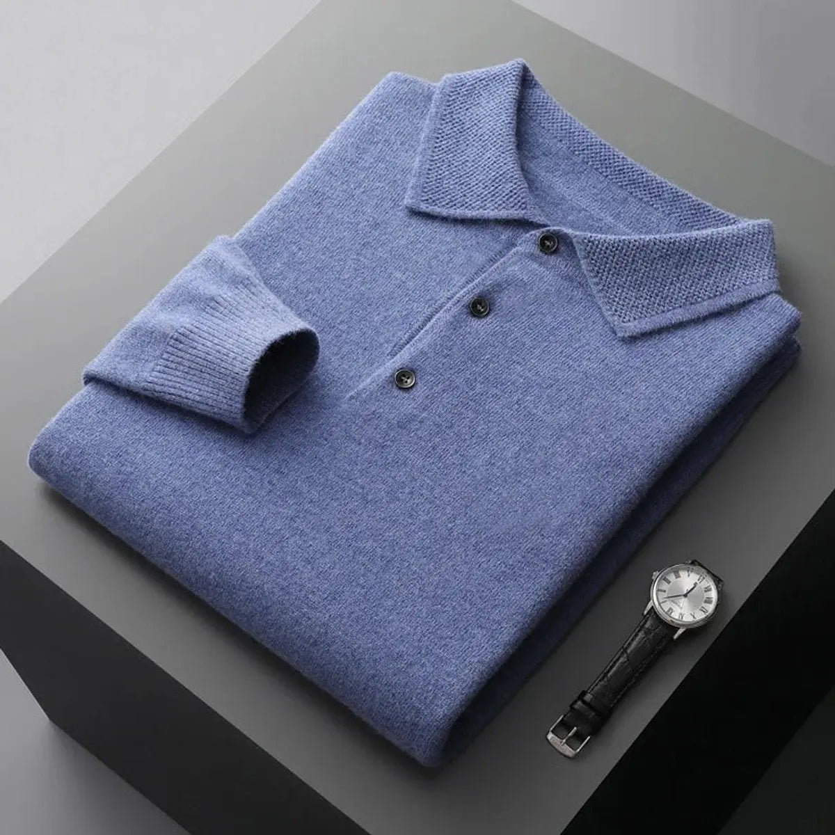 Men's Cashmere Polo Knit Sweater Long Sleeve Button Collar Jumper - Blue