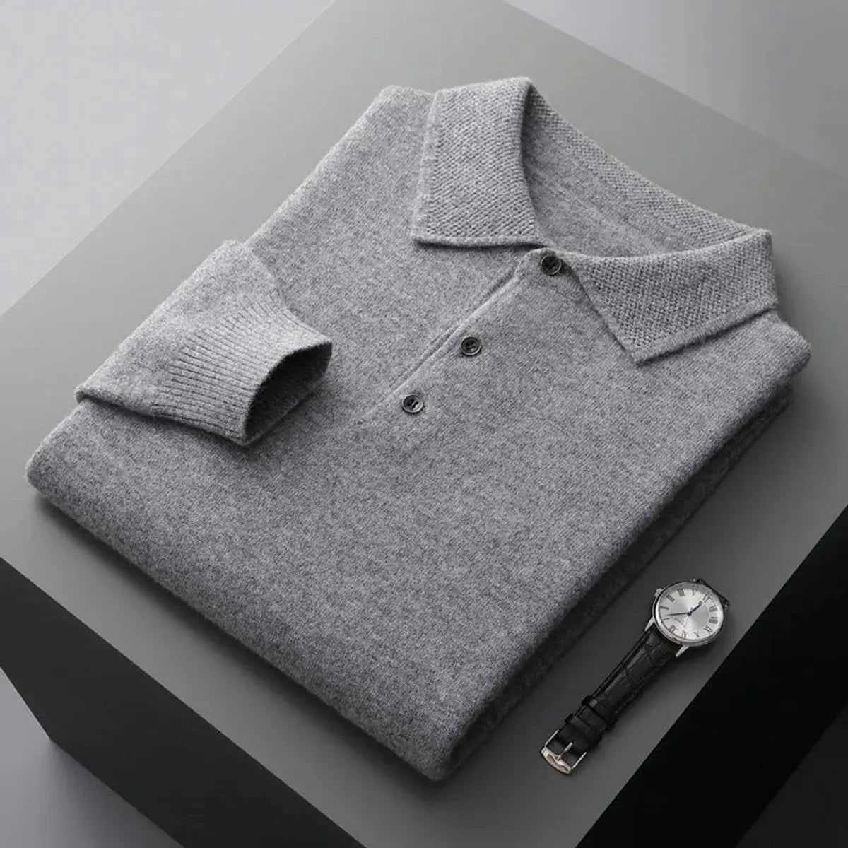 Men's Cashmere Polo Knit Sweater Long Sleeve Button Collar Jumper - Grey