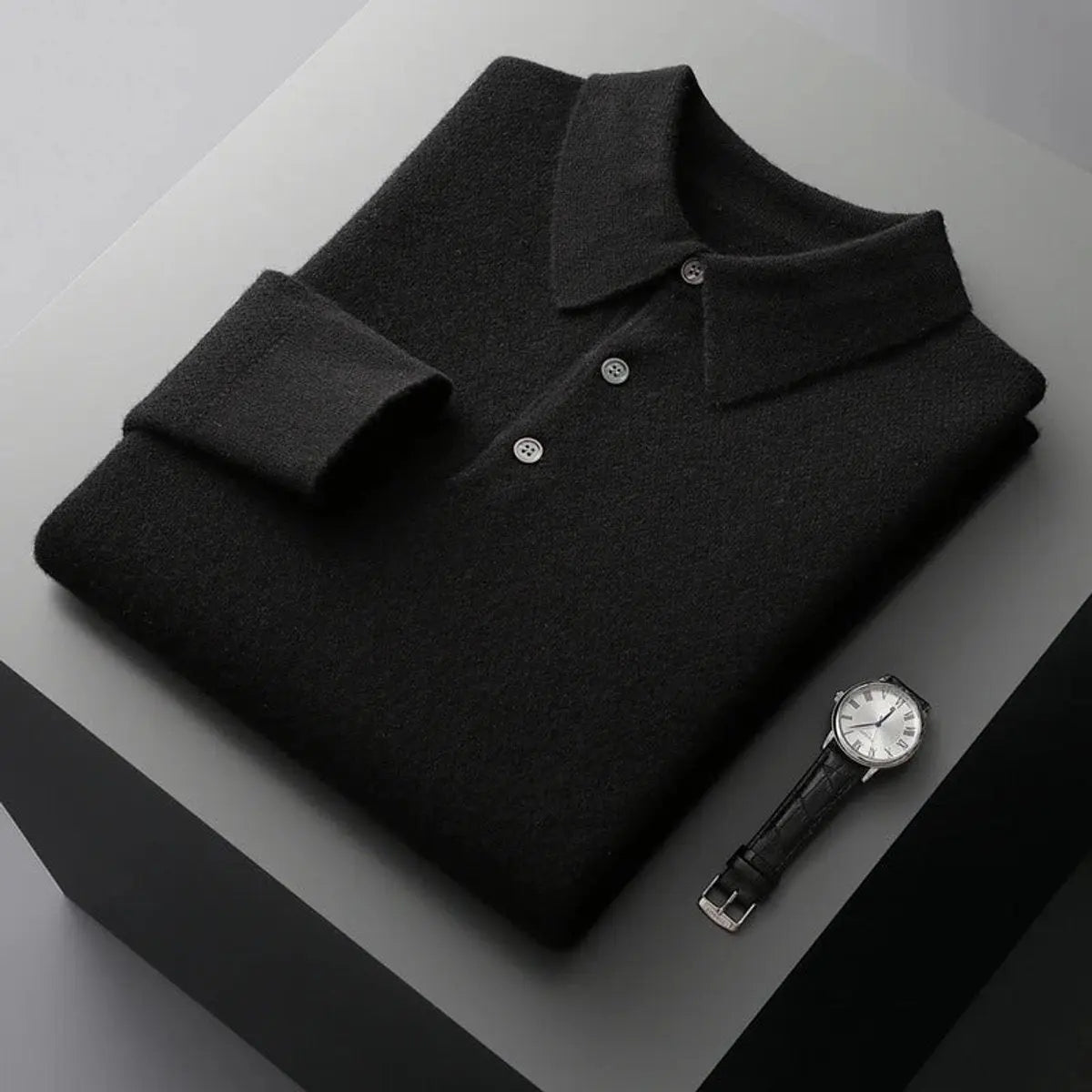 Men's Cashmere Polo Knit Sweater Long Sleeve Button Collar Jumper - Black