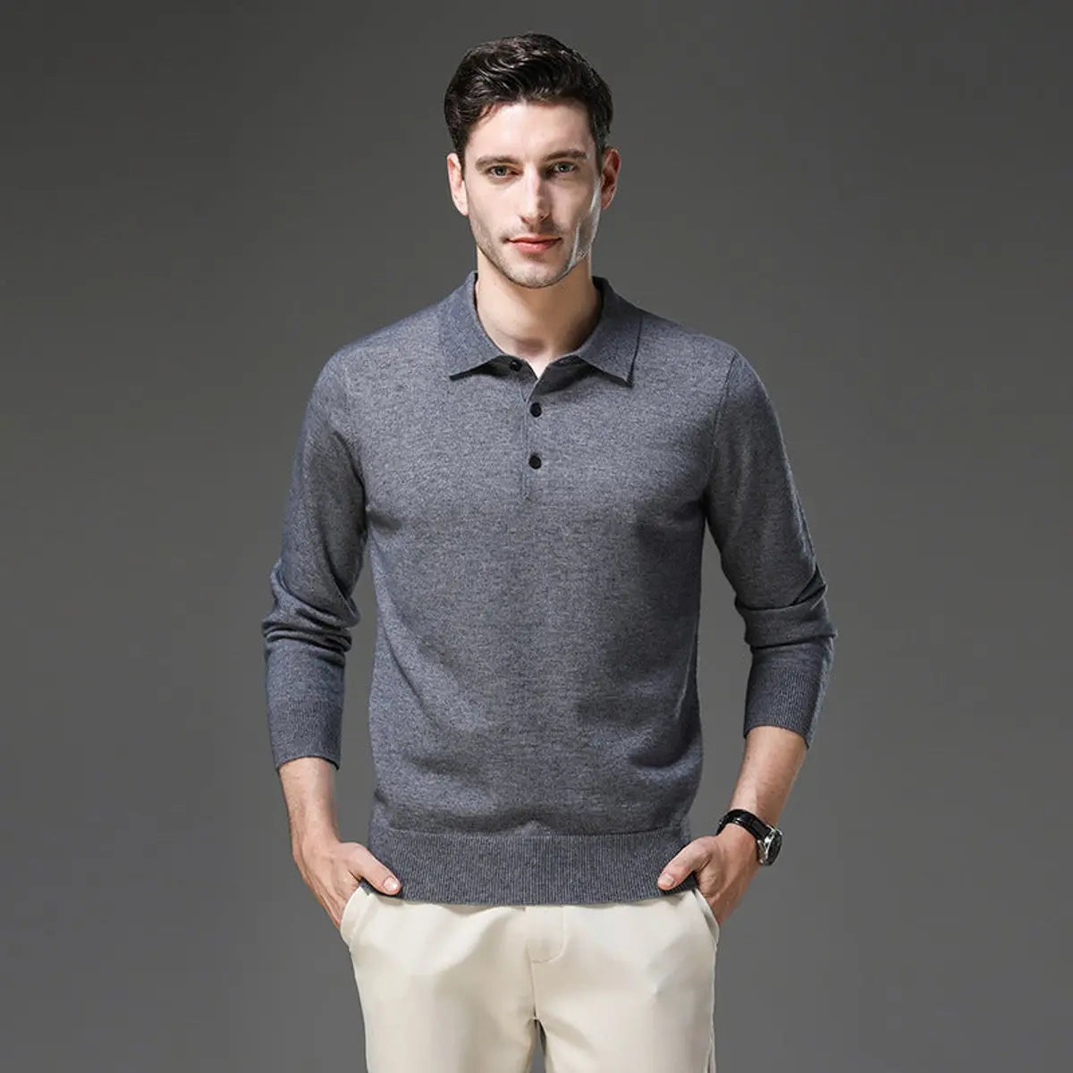 Men's Cashmere Polo Knit Sweater Long Sleeve Button Collar Jumper