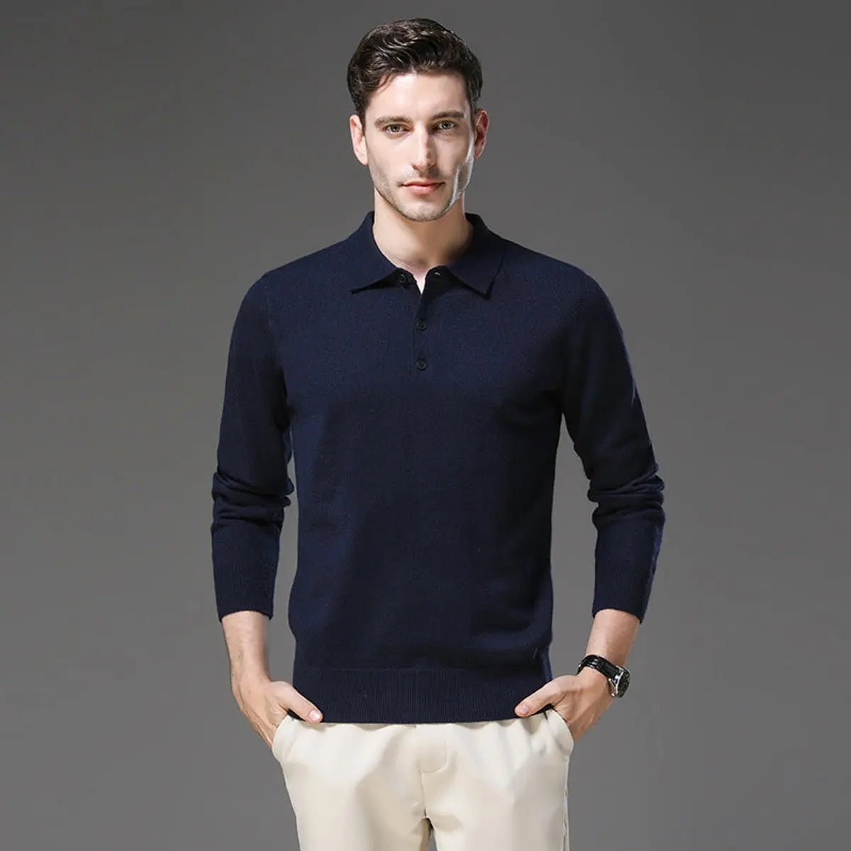 Men's Cashmere Polo Knit Sweater Long Sleeve Button Collar Jumper