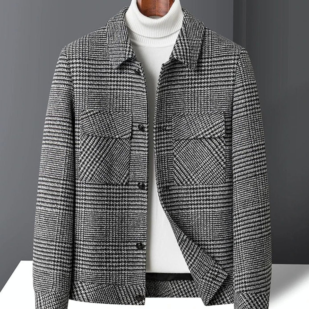 Men's Checked Wool-Blend Button-Up Overshirt Jacket - Grey