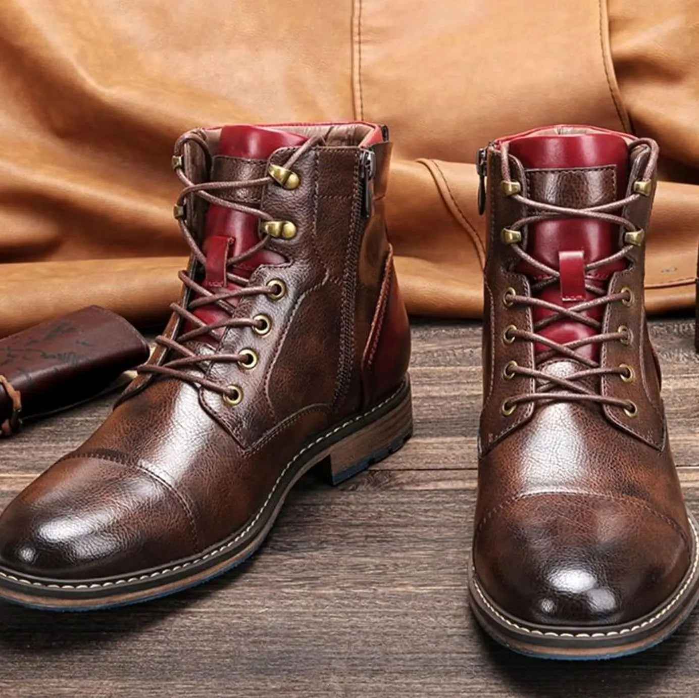 Men's Classic Zip Lace-Up Leather-Look Ankle Boots - Brown