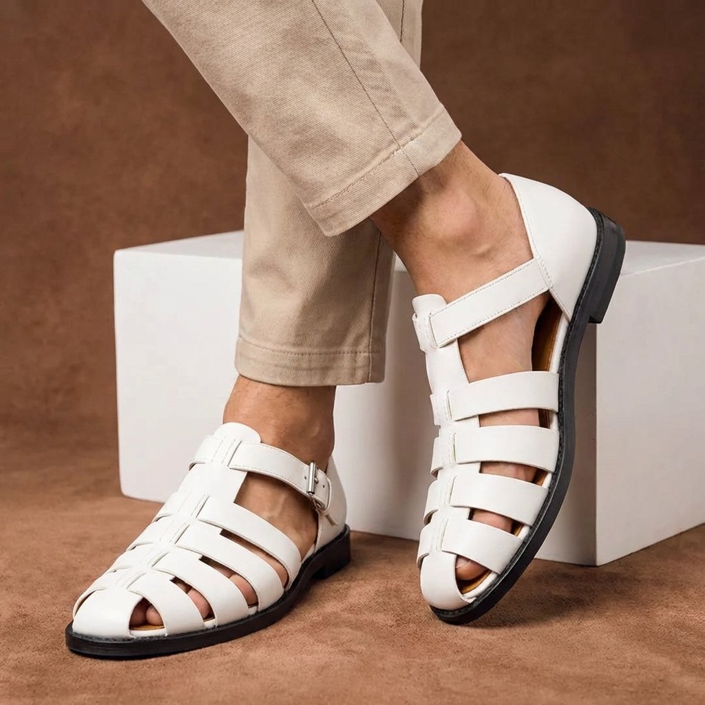 Men's Closed Toe Fisherman Sandals Buckle Strap Leather - White