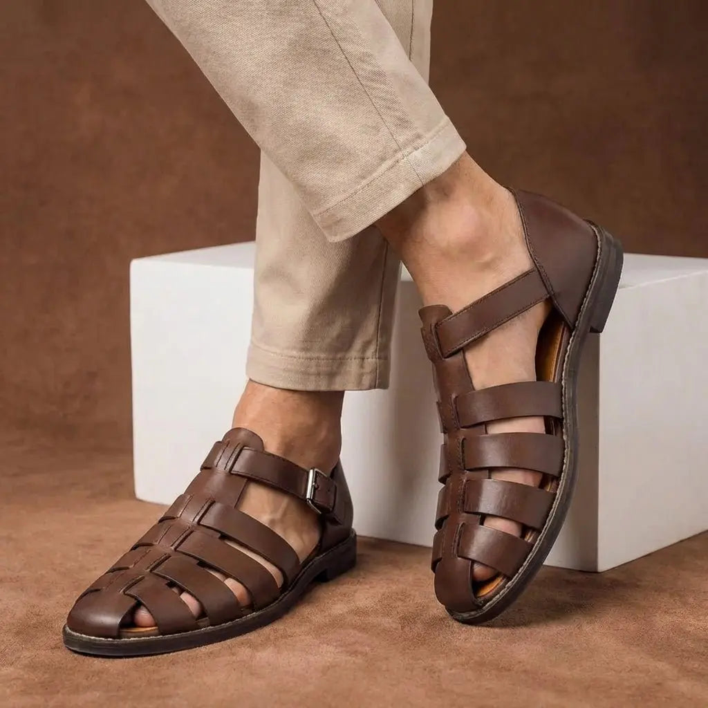 Men's Closed Toe Fisherman Sandals Buckle Strap Leather - Dark Brown