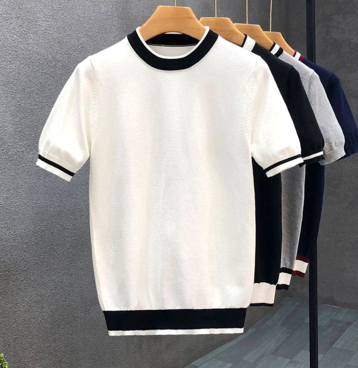Men's Contrast Stripe Crewneck Short-Sleeve Knit Top - White