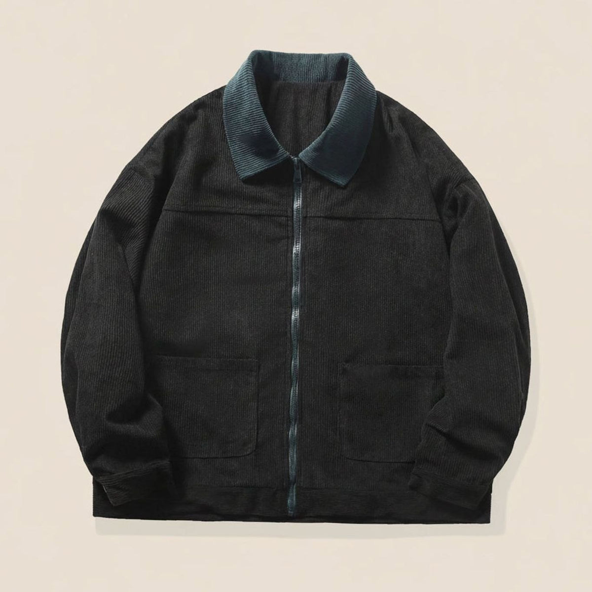 Men's Corduroy Contrast-Collar Full-Zip Harrington Jacket - Black