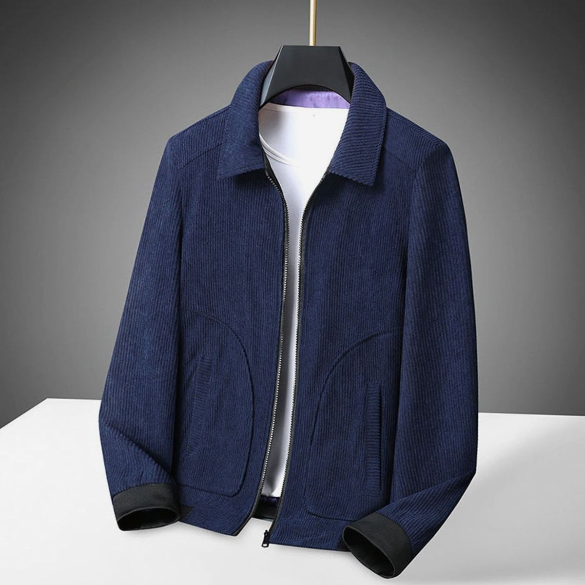 Men's Corduroy Zip-Up Collared Casual Jacket - Blue