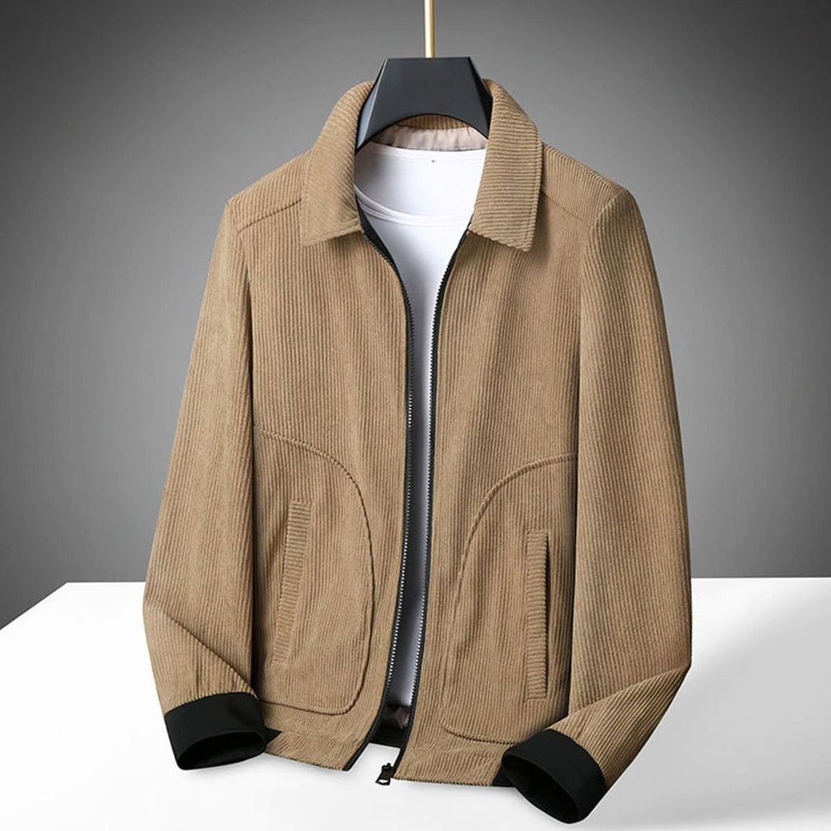 Men's Corduroy Zip-Up Collared Casual Jacket - Khaki