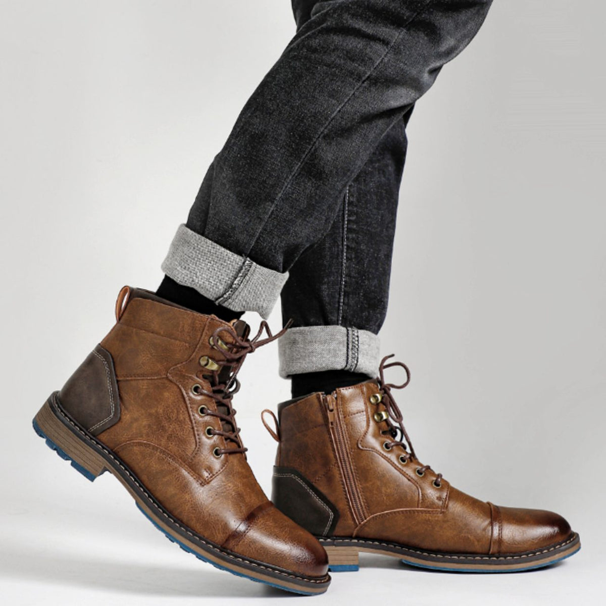 Men's Cowhide Leather Lace-Up Cap-Toe Ankle Boots