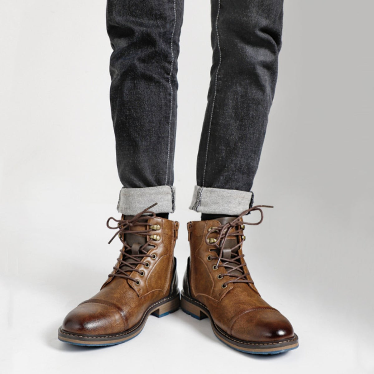 Men's Cowhide Leather Lace-Up Cap-Toe Ankle Boots