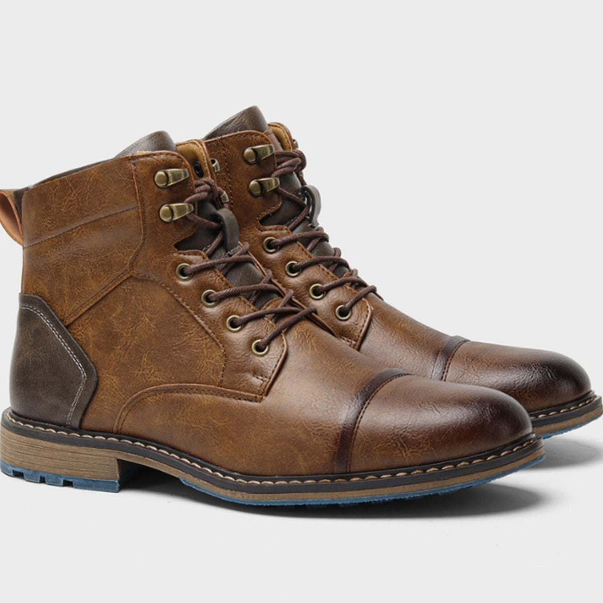 Men's Cowhide Leather Lace-Up Cap-Toe Ankle Boots
