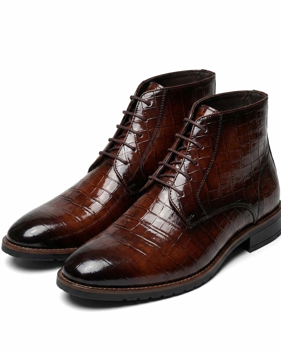 Men's Croc-Embossed Leather Lace-Up Smart Boots - Dark Brown