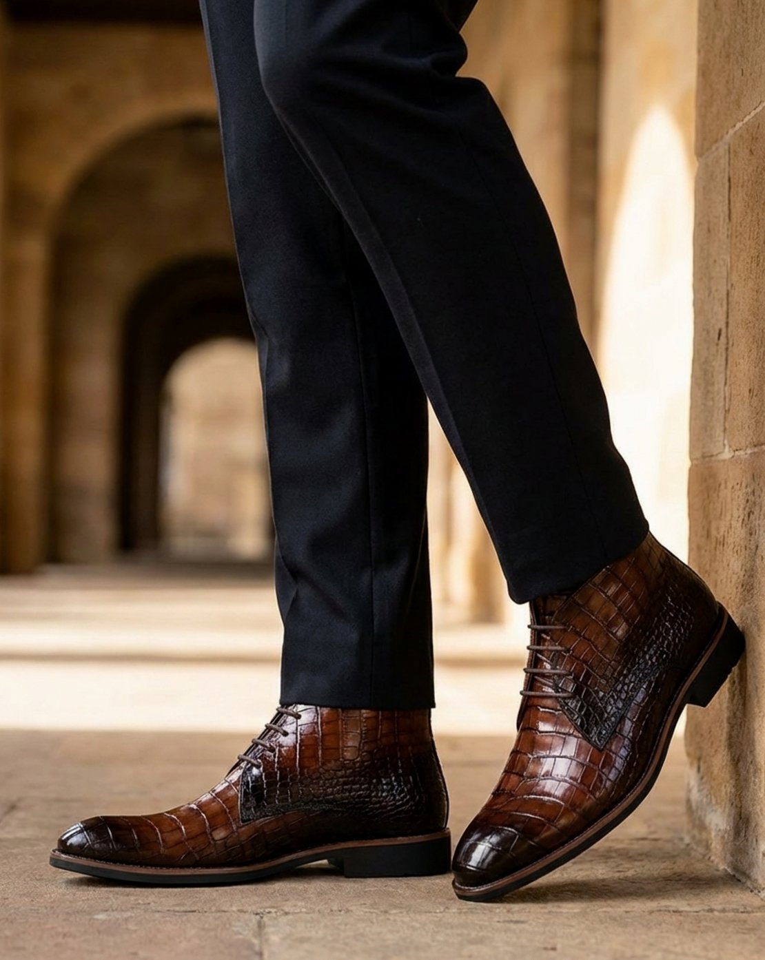 Men's Croc-Embossed Leather Lace-Up Smart Boots
