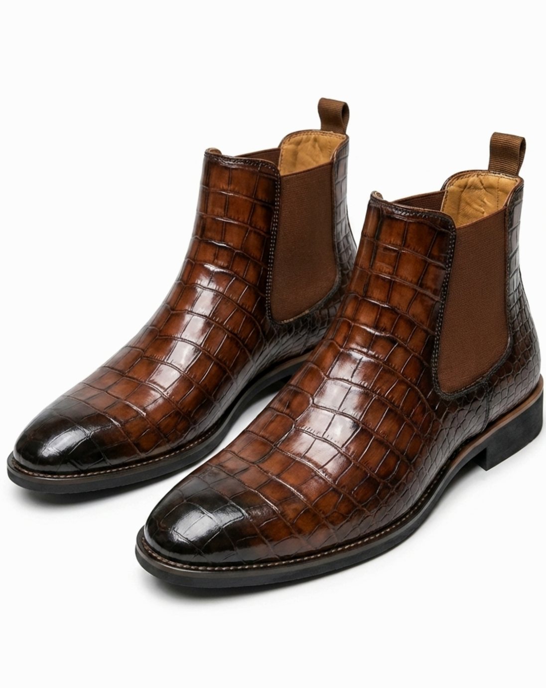 Men's Croc-Embossed Leather Lace-Up Smart Boots - Dark Brown