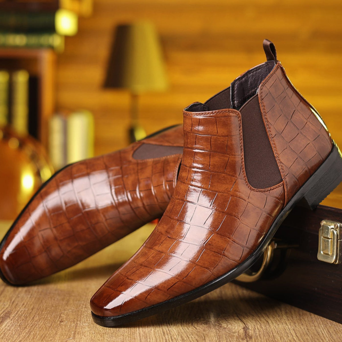 Men's Croc-Embossed Slip-On Chelsea Boots, Tan Brown - Brown