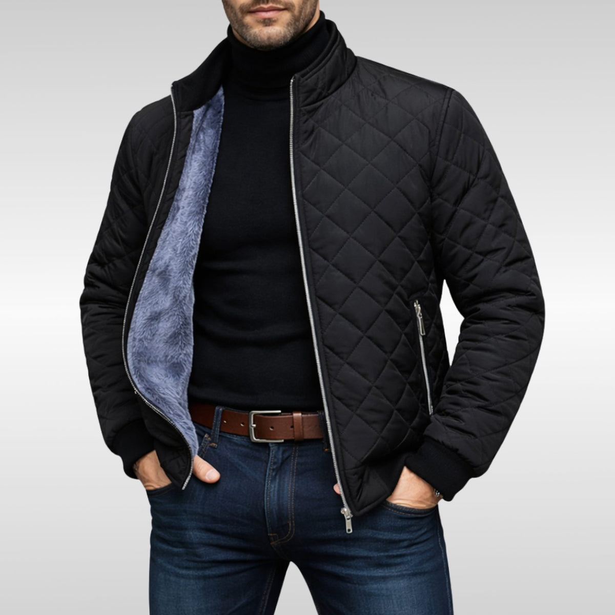 Men's Diamond-Quilted Fleece-Lined Zip-Up Winter Jacket - Black