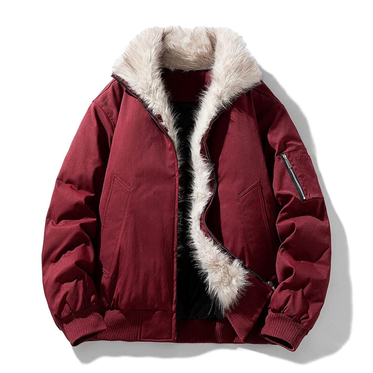 Men's Faux Fur Lined Wind-Resistant Zip-Up Bomber Jacket - Red
