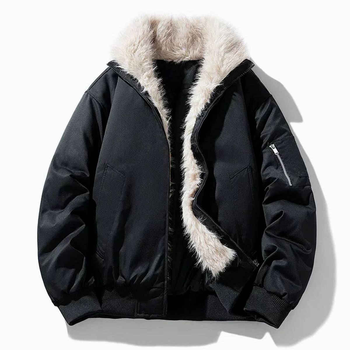 Men's Faux Fur Lined Wind-Resistant Zip-Up Bomber Jacket - Black