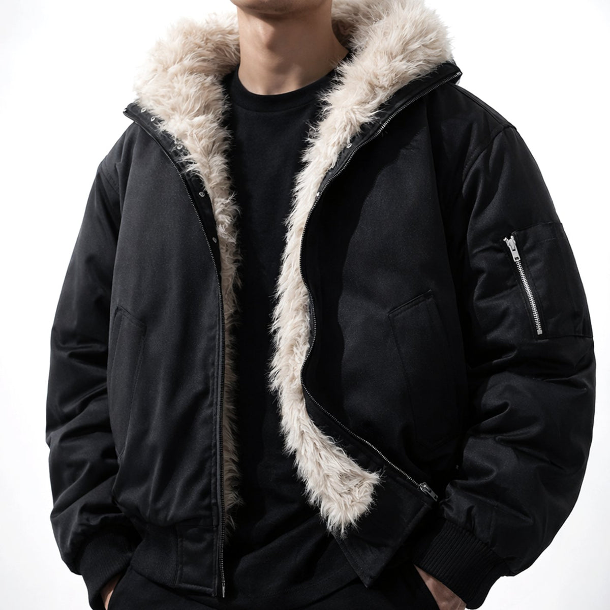 Men's Faux Fur Lined Wind-Resistant Zip-Up Bomber Jacket