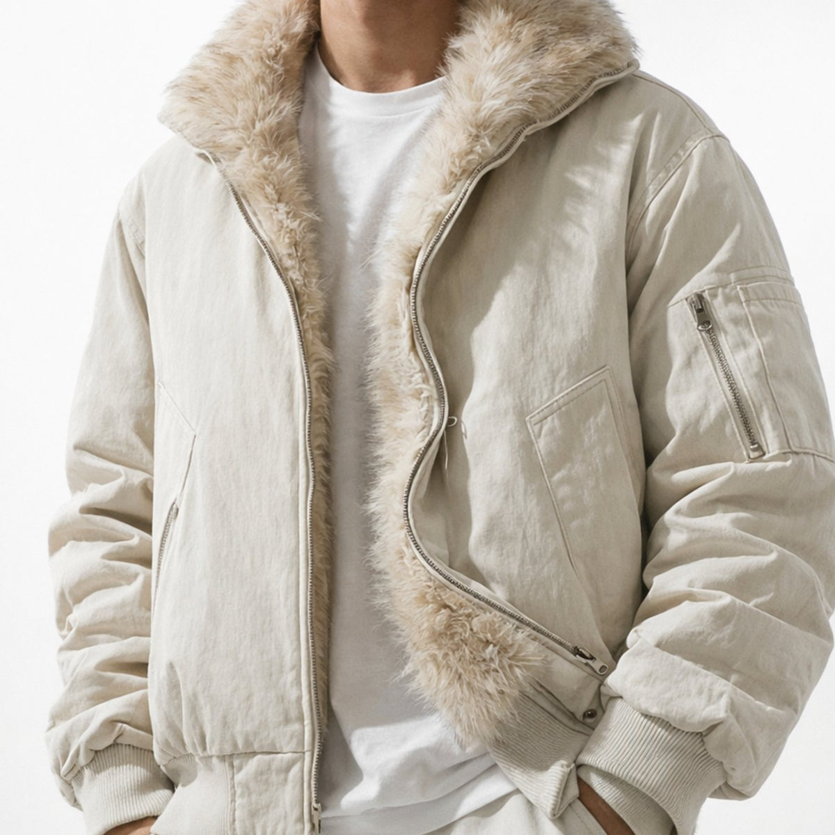 Men's Faux Fur Lined Wind-Resistant Zip-Up Bomber Jacket