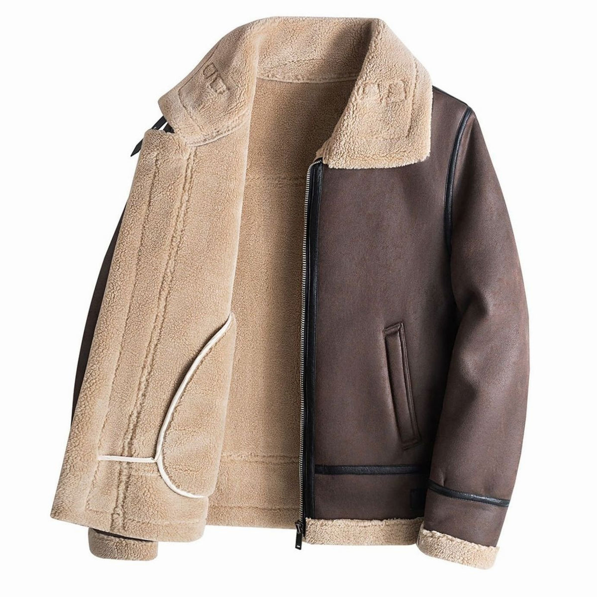 Men's Faux Shearling Lined Zip-Up Aviator Jacket - Dark Brown