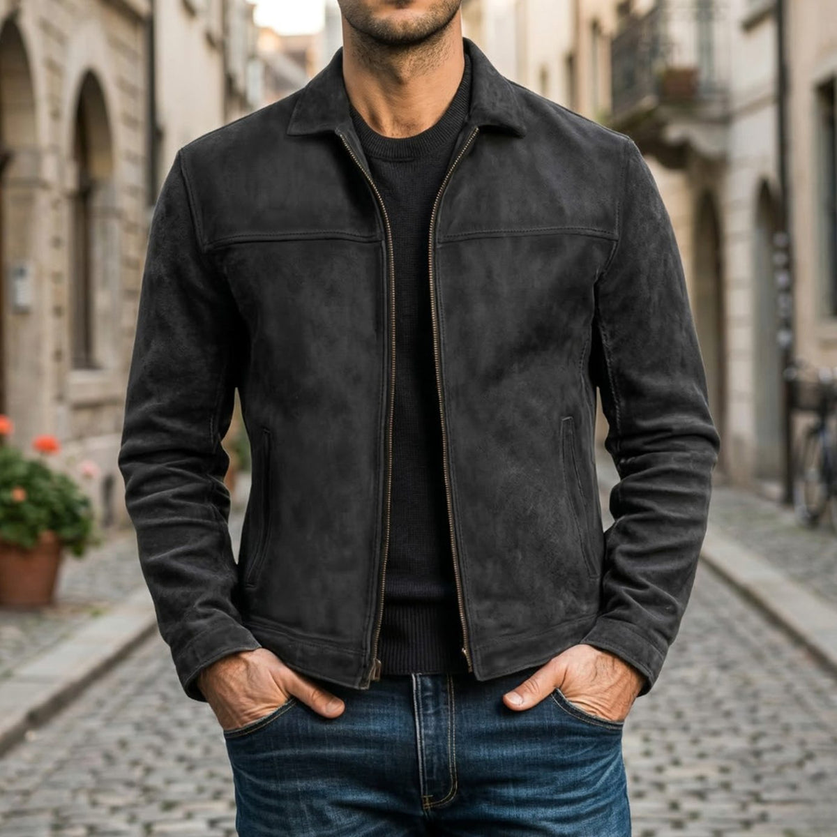 Men's Fitted Full-Zip Leather Jacket Structured Collar - Black