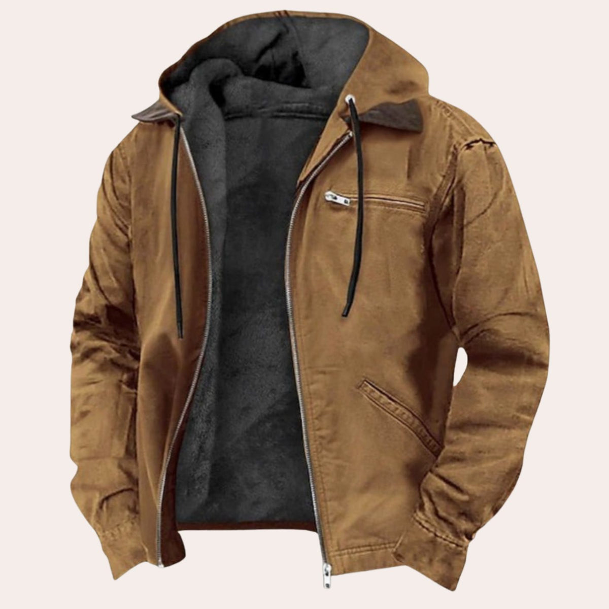 Men's Fleece-Lined Hooded Full-Zip Cotton Jacket - Brown