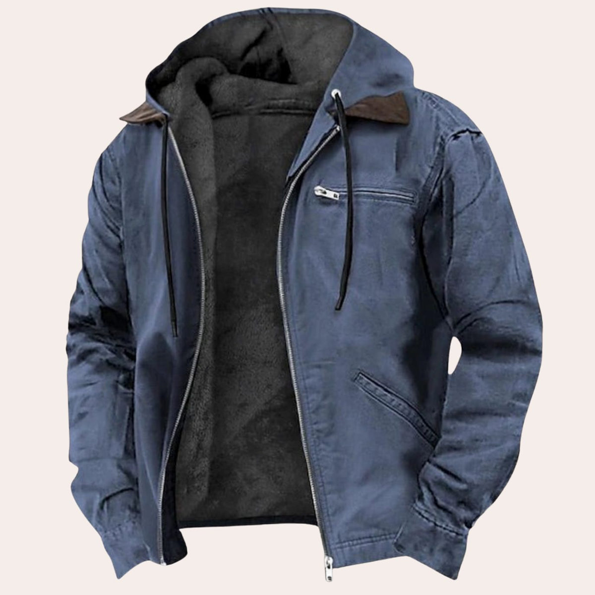 Men's Fleece-Lined Hooded Full-Zip Cotton Jacket - Blue
