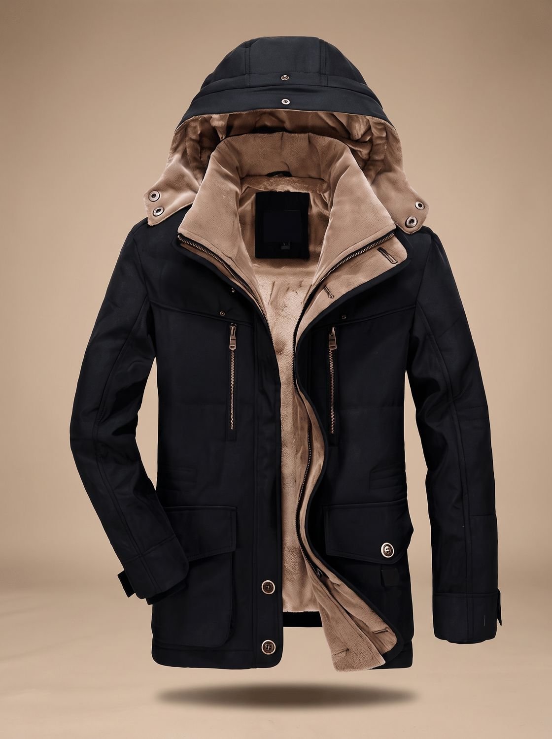 Men's Fleece-Lined Hooded Winter Parka Deep-Pocket Jacket - Black