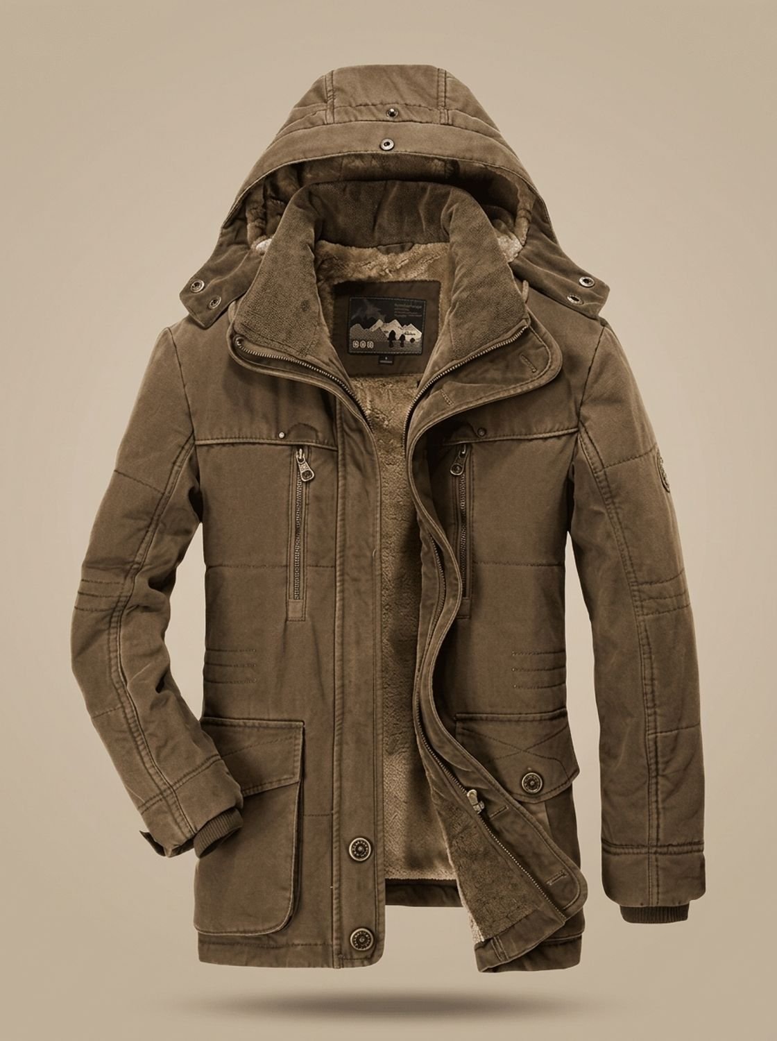 Men's Fleece-Lined Hooded Winter Parka Deep-Pocket Jacket - Coffee