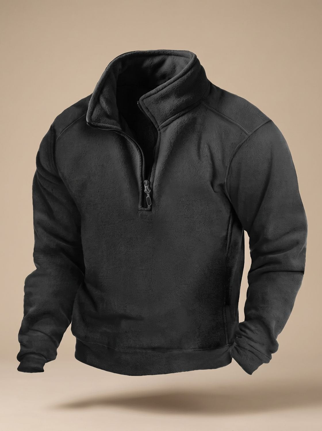 Men's Fleece Quarter-Zip Stand-Collar Windproof Pullover Jumper - Black