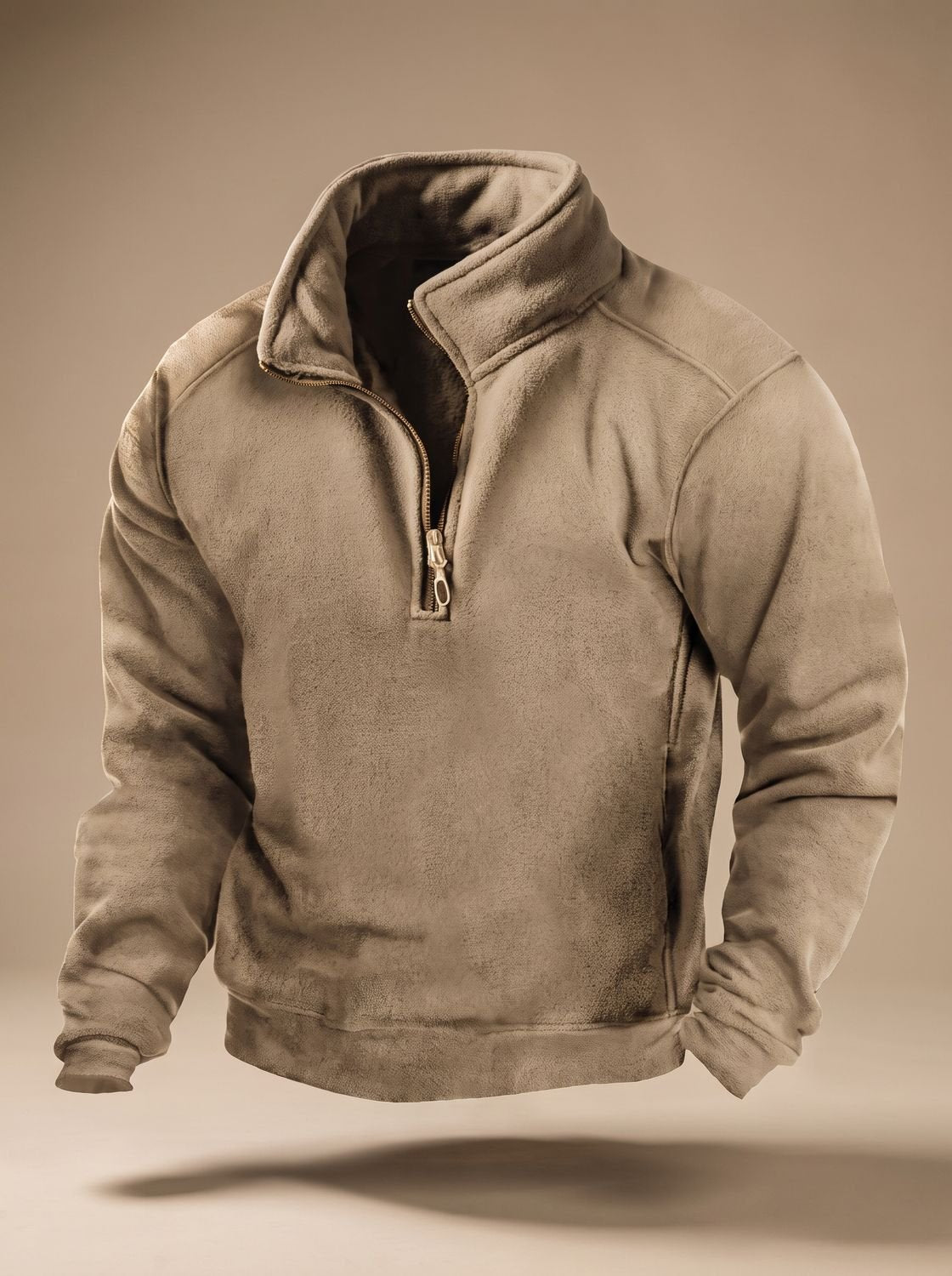 Men's Fleece Quarter-Zip Stand-Collar Windproof Pullover Jumper - Khaki