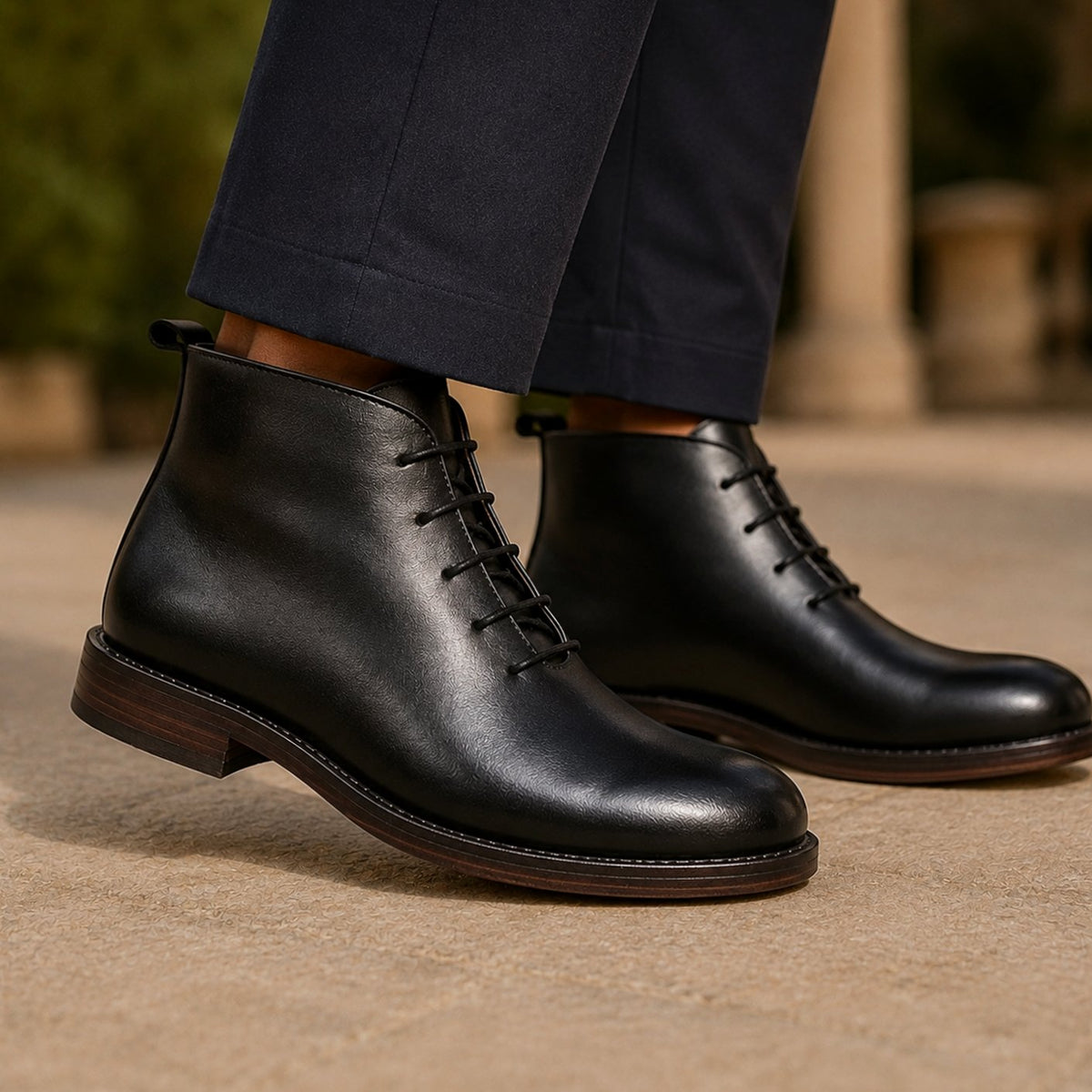 Men's Full-Grain Leather Lace-Up Ankle Boots, Brown - Black