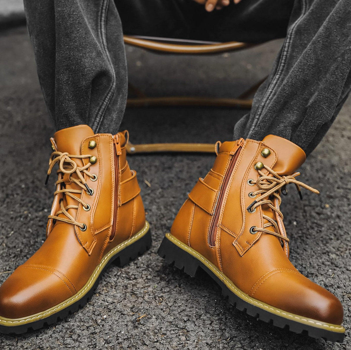 Men's Full-Grain Leather Lace-Up Ankle Boots, Tan Brown