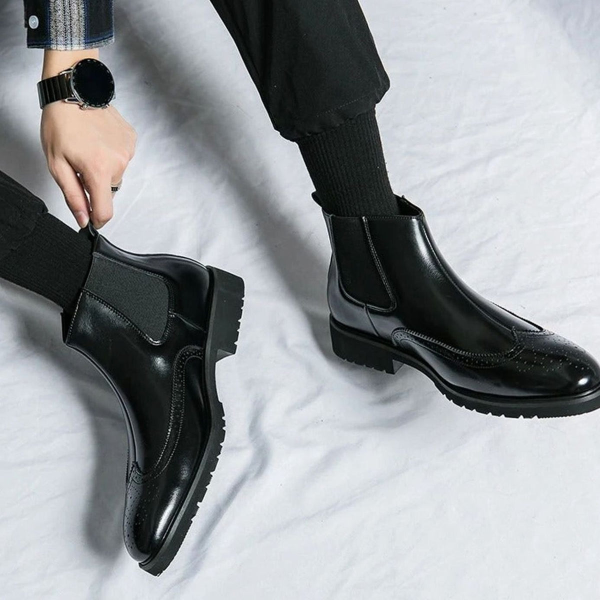 Men's Genuine Leather Brogue Chelsea Boots