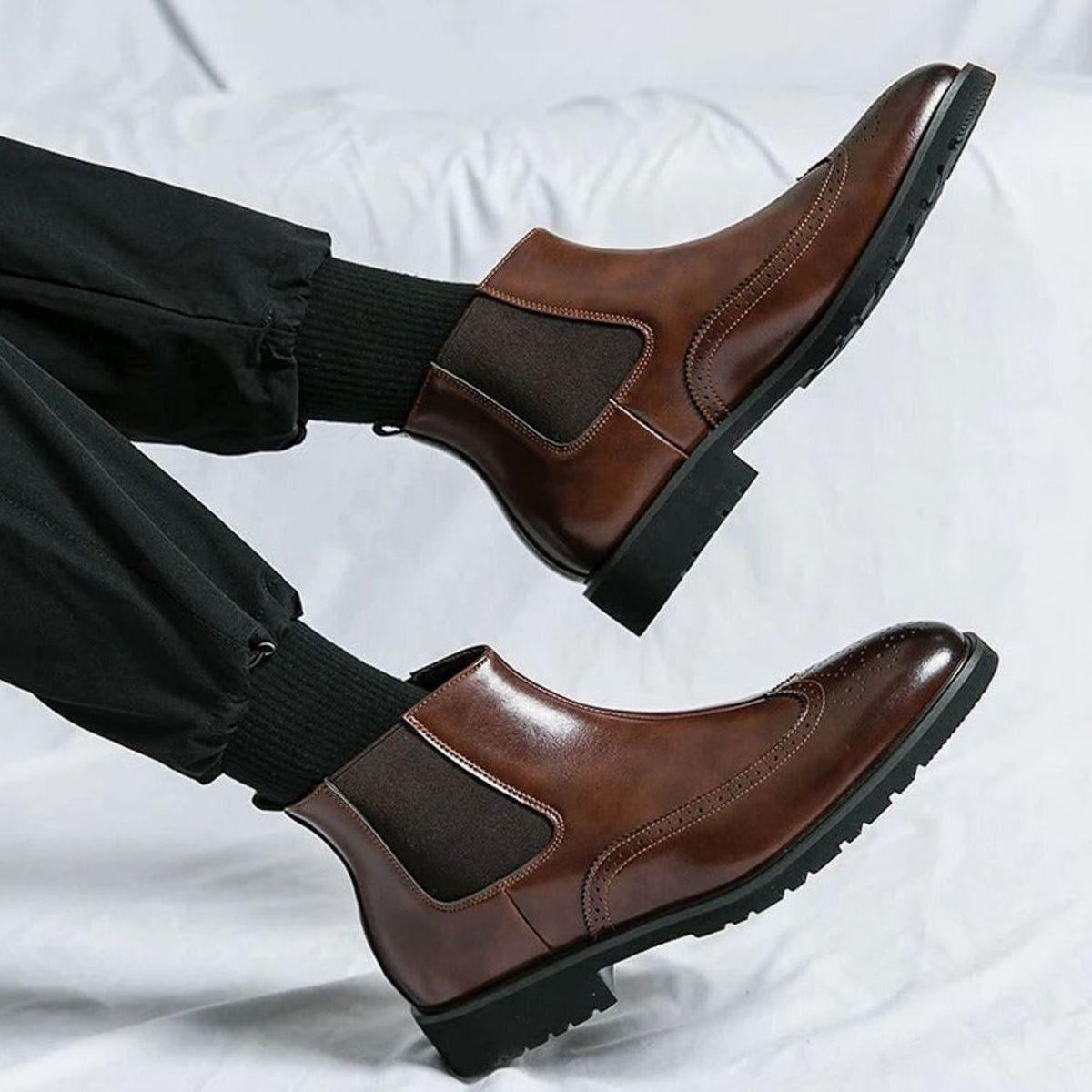 Men's Genuine Leather Brogue Chelsea Boots