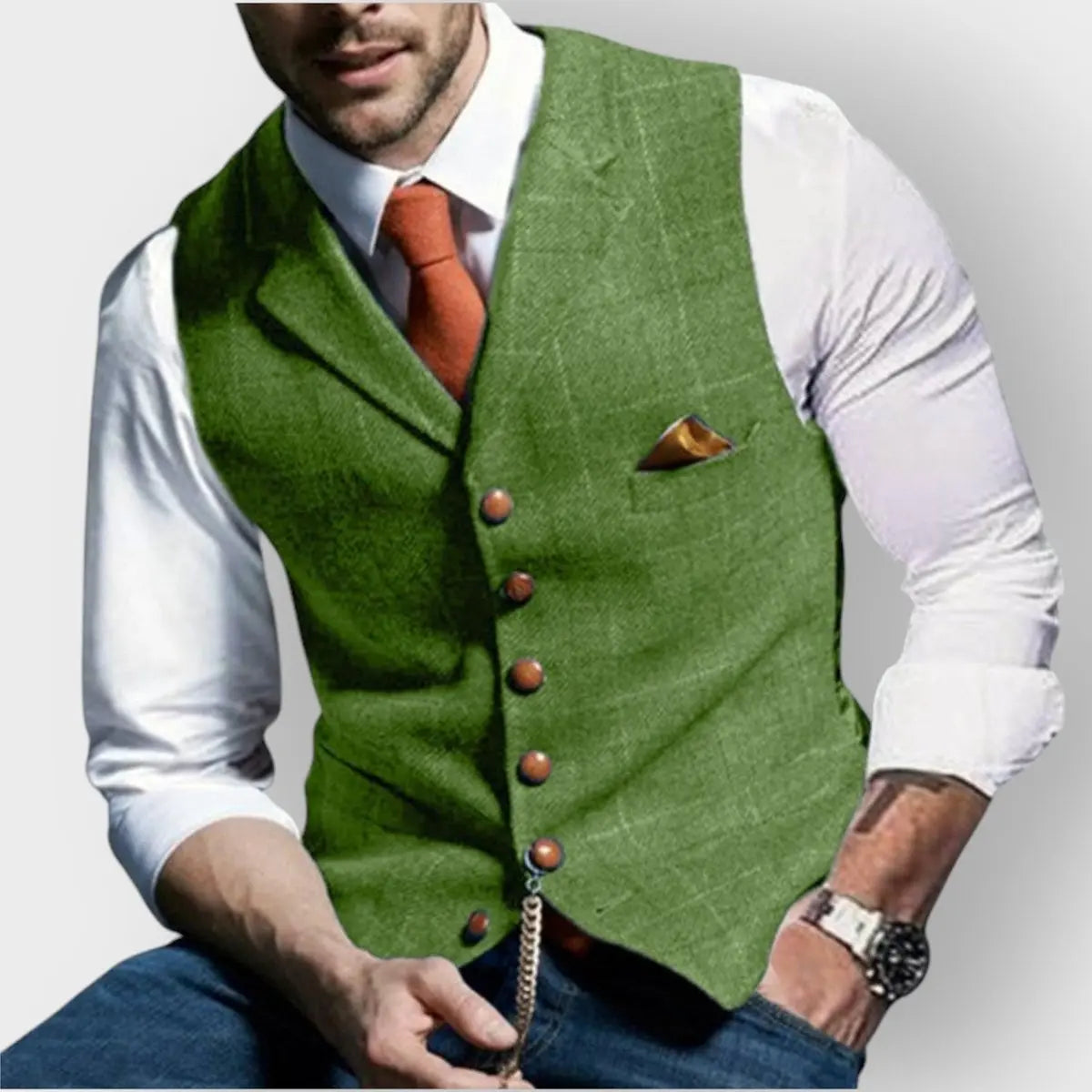 Mens Gilet Herringbone Tweed Waistcoat Checked Slim Fit Button-Up - Green