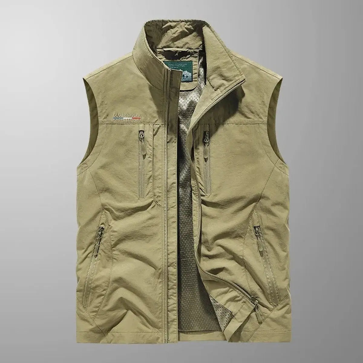 Mens Gilet Lightweight Sleeveless Multi-Pocket Zip-Up Vest - Khaki