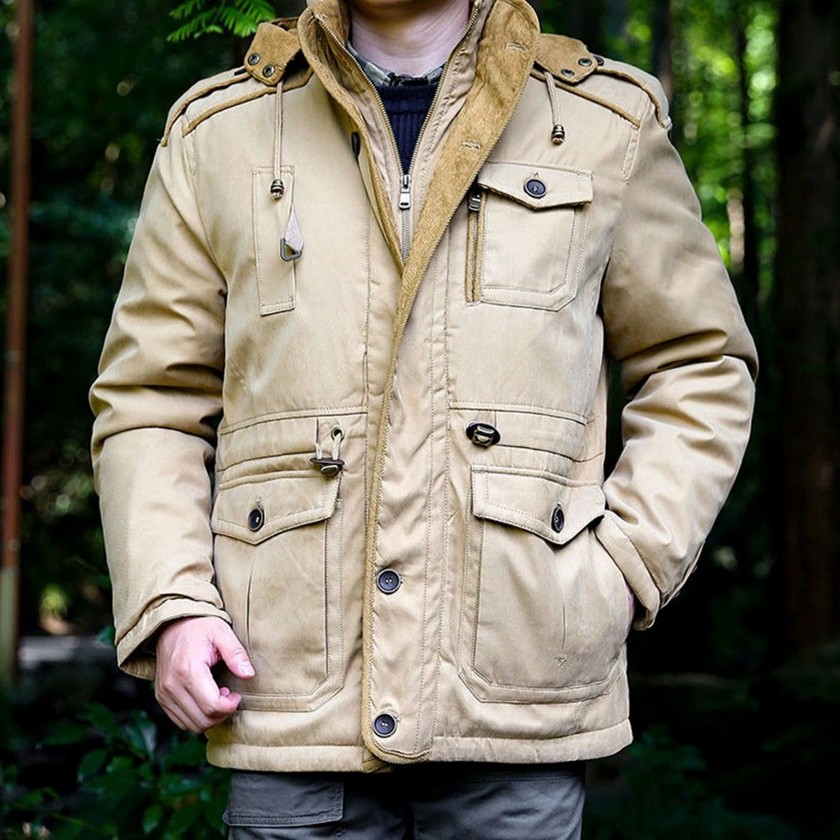 Men's Hooded Multi-Pocket Water-Resistant Padded Parka - Khaki